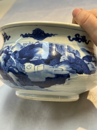 A Chinese blue and white censer depicting two sages in a mountainous landscape, Kangxi