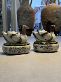 A pair of rare polychrome Dutch Delft duck-form tureens and covers, 18th C.