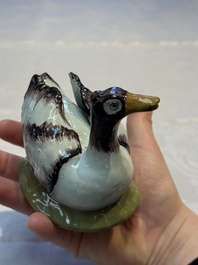 A pair of rare polychrome Dutch Delft duck-form tureens and covers, 18th C.