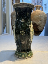 A Chinese verte biscuit black-ground vase and a covered jar, Xuande and Kangxi mark, 19th C.