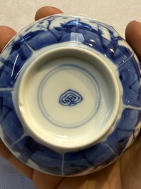 Nine Chinese blue and white cups and 12 saucers, Kangxi