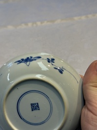 Nine Chinese blue and white cups and 12 saucers, Kangxi