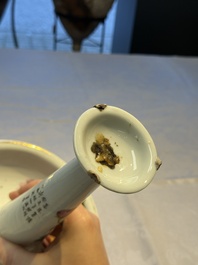 A Chinese famille rose 'Peacock' covered bowl, a candlestick and a stembowl, Guangxu mark and of the period, 19/20th C.
