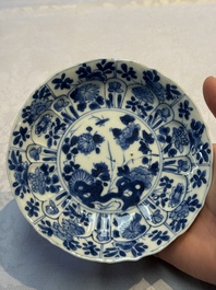 Nine Chinese blue and white cups and 12 saucers, Kangxi