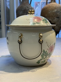 A Chinese famille rose 'Peacock' covered bowl, a candlestick and a stembowl, Guangxu mark and of the period, 19/20th C.