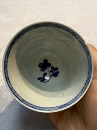 Nine Chinese blue and white cups and 12 saucers, Kangxi