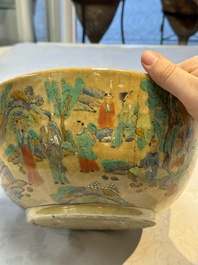 A Chinese famille rose 'Millefleurs' plate, a 'Dragons' plate, and a Nanking famille verte caf&eacute;-au-lait-ground bowl, Qianlong marks, 19/20th C.