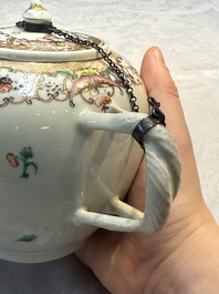 A Chinese famille rose 'Xi Xiang Ji' plate, a 'Rooster' saucer, and a 'Lowestoft' covered teapot, Yongzheng/Qianlong
