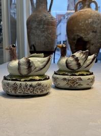 A pair of rare polychrome Dutch Delft duck-form tureens and covers, 18th C.