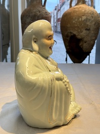A Chinese famille rose Milefo Buddha and a white-glazed gilt-decorated Milefo Buddha, Wei Hongtai 魏洪泰 and Zhu Yishun 朱義順 mark, Republic