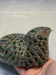 A pair of Chinese turquoise-glazed ducks and a pair of verte biscuit quail-form covered boxes, 20th C.
