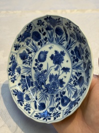 Nine Chinese blue and white cups and 12 saucers, Kangxi