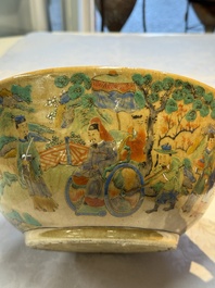 A Chinese famille rose 'Millefleurs' plate, a 'Dragons' plate, and a Nanking famille verte caf&eacute;-au-lait-ground bowl, Qianlong marks, 19/20th C.