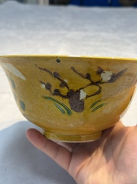 A rare pair of Chinese sancai yellow-ground 'Brinjal' bowls, Tianqi mark, 19th C.
