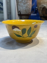 A rare pair of Chinese sancai yellow-ground 'Brinjal' bowls, Tianqi mark, 19th C.