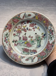 A Chinese famille rose 'Xi Xiang Ji' plate, a 'Rooster' saucer, and a 'Lowestoft' covered teapot, Yongzheng/Qianlong