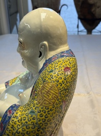 A Chinese famille rose Milefo Buddha and a white-glazed gilt-decorated Milefo Buddha, Wei Hongtai 魏洪泰 and Zhu Yishun 朱義順 mark, Republic