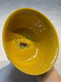 A rare pair of Chinese sancai yellow-ground 'Brinjal' bowls, Tianqi mark, 19th C.