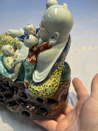 Three Chinese famille rose 'Milefo Buddha', 'Magu' and 'Shoulao' groups, 19/20th C.