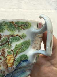 A highly unusual Chinese Canton famille rose cup and saucer, 19th C.