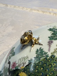A Chinese famille rose 'Peacock' covered bowl, a candlestick and a stembowl, Guangxu mark and of the period, 19/20th C.