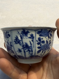 Nine Chinese blue and white cups and 12 saucers, Kangxi