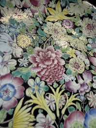 A Chinese famille rose 'Millefleurs' plate, a 'Dragons' plate, and a Nanking famille verte caf&eacute;-au-lait-ground bowl, Qianlong marks, 19/20th C.