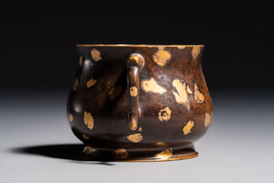 A Chinese gold-splashed bronze censer with two handles, Xuande mark, 18th C.