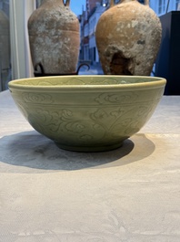 A large Chinese Longquan celadon 'Floral' bowl, Ming