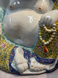 A Chinese famille rose Milefo Buddha and a white-glazed gilt-decorated Milefo Buddha, Wei Hongtai 魏洪泰 and Zhu Yishun 朱義順 mark, Republic
