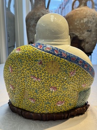 A Chinese famille rose Milefo Buddha and a white-glazed gilt-decorated Milefo Buddha, Wei Hongtai 魏洪泰 and Zhu Yishun 朱義順 mark, Republic