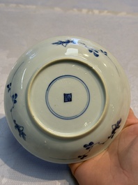 Nine Chinese blue and white cups and 12 saucers, Kangxi