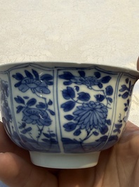 Nine Chinese blue and white cups and 12 saucers, Kangxi