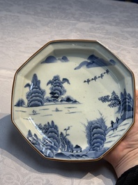 A set of five Japanese Arita blue and white octagonal tea ceremony plates with riverscape design, Edo, 18th C.