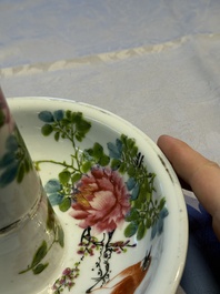 A Chinese famille rose 'Peacock' covered bowl, a candlestick and a stembowl, Guangxu mark and of the period, 19/20th C.