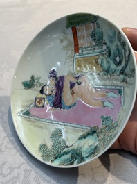 A pair of Chinese famille rose 'Erotic' plates, Chun Yi Tang Zhi 春怡堂制 mark, 20th C.