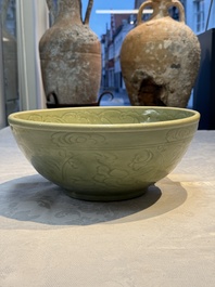 A large Chinese Longquan celadon 'Floral' bowl, Ming