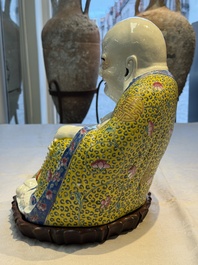 A Chinese famille rose Milefo Buddha and a white-glazed gilt-decorated Milefo Buddha, Wei Hongtai 魏洪泰 and Zhu Yishun 朱義順 mark, Republic
