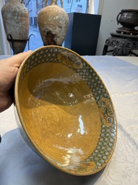 A Chinese famille rose 'Millefleurs' plate, a 'Dragons' plate, and a Nanking famille verte caf&eacute;-au-lait-ground bowl, Qianlong marks, 19/20th C.