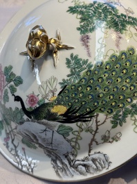 A Chinese famille rose 'Peacock' covered bowl, a candlestick and a stembowl, Guangxu mark and of the period, 19/20th C.