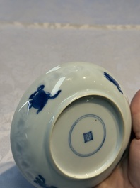 Nine Chinese blue and white cups and 12 saucers, Kangxi