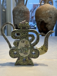 A pair of Chinese verte biscuit 'Shou' wine ewers, 19th C.