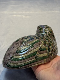 A pair of Chinese turquoise-glazed ducks and a pair of verte biscuit quail-form covered boxes, 20th C.