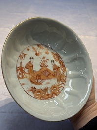 A pair of Chinese  iron-red and gilt-decorated 'Elegant Ladies and Tulips' bowls and covers, Kangxi