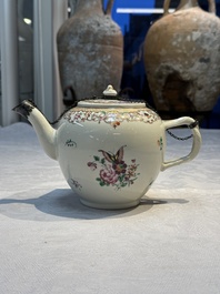 A Chinese famille rose 'Xi Xiang Ji' plate, a 'Rooster' saucer, and a 'Lowestoft' covered teapot, Yongzheng/Qianlong