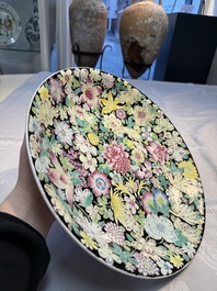 A Chinese famille rose 'Millefleurs' plate, a 'Dragons' plate, and a Nanking famille verte caf&eacute;-au-lait-ground bowl, Qianlong marks, 19/20th C.