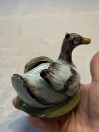 A pair of rare polychrome Dutch Delft duck-form tureens and covers, 18th C.