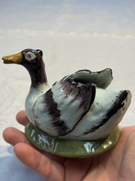 A pair of rare polychrome Dutch Delft duck-form tureens and covers, 18th C.