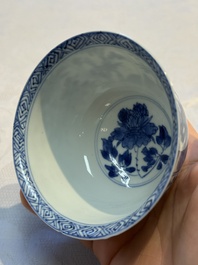 Nine Chinese blue and white cups and 12 saucers, Kangxi