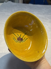 A rare pair of Chinese sancai yellow-ground 'Brinjal' bowls, Tianqi mark, 19th C.